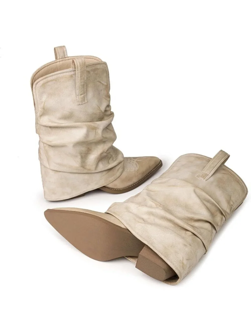 Women's Beige Rubber Calf High and Pointed Toe Slouchy Riding Boots